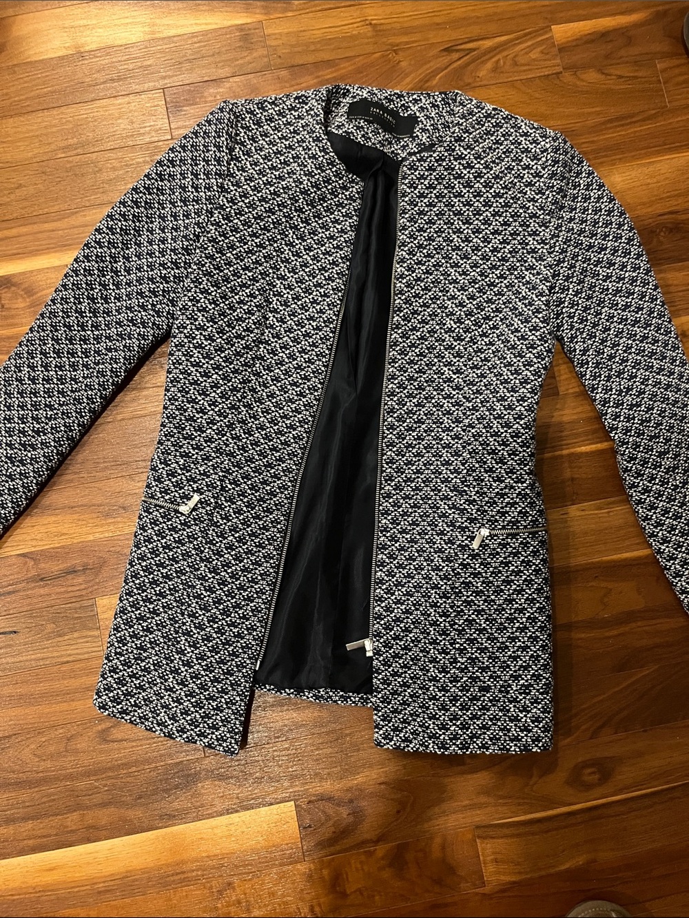 Zara Black and White Tweed Collarless Blazer